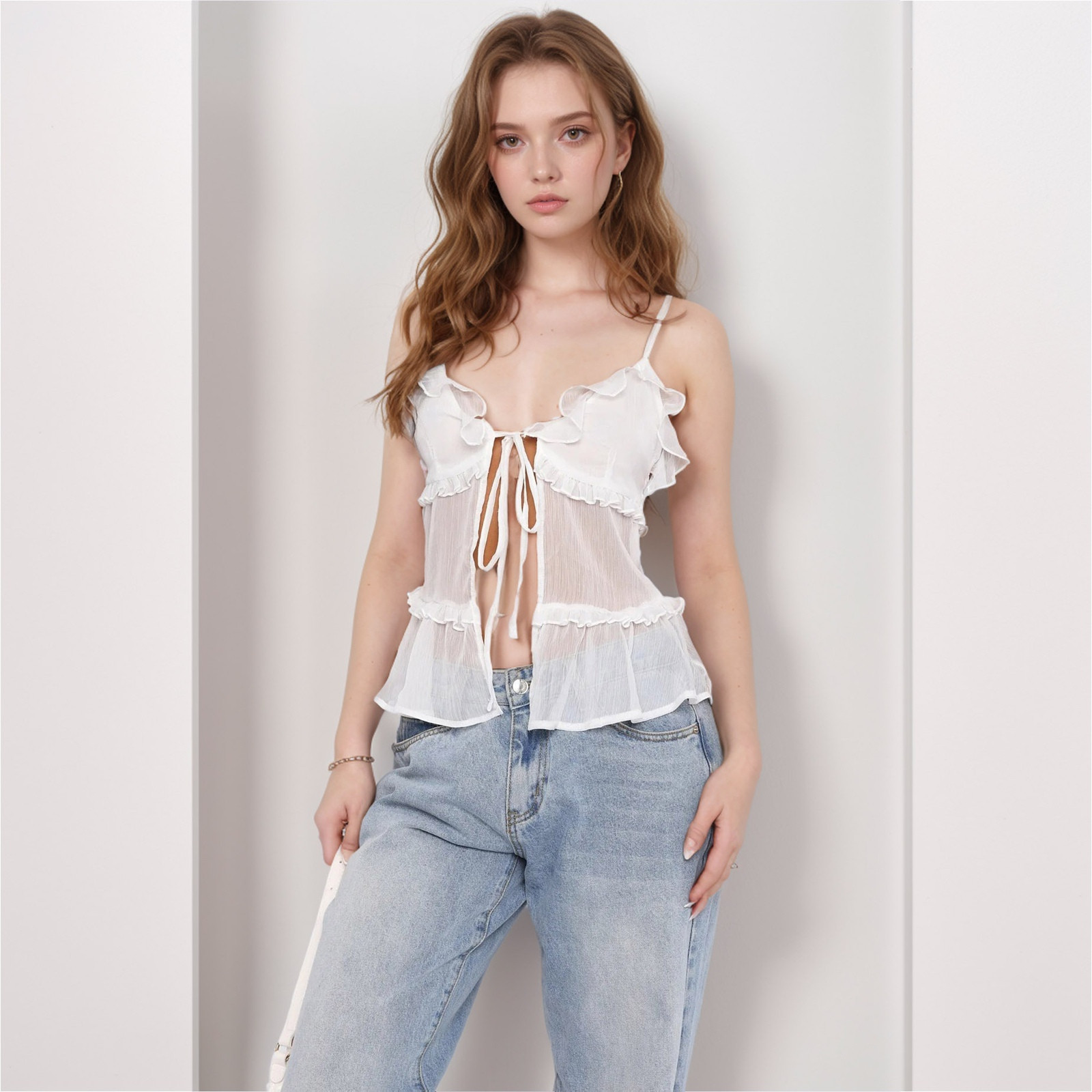 thumbnail image 2 of Camiseta sin mangas con volantes y tirantes anudados para mujer: blusa de gasa en capas, semitransparente, top informal de verano para la playa y fiestas., 2 of 4